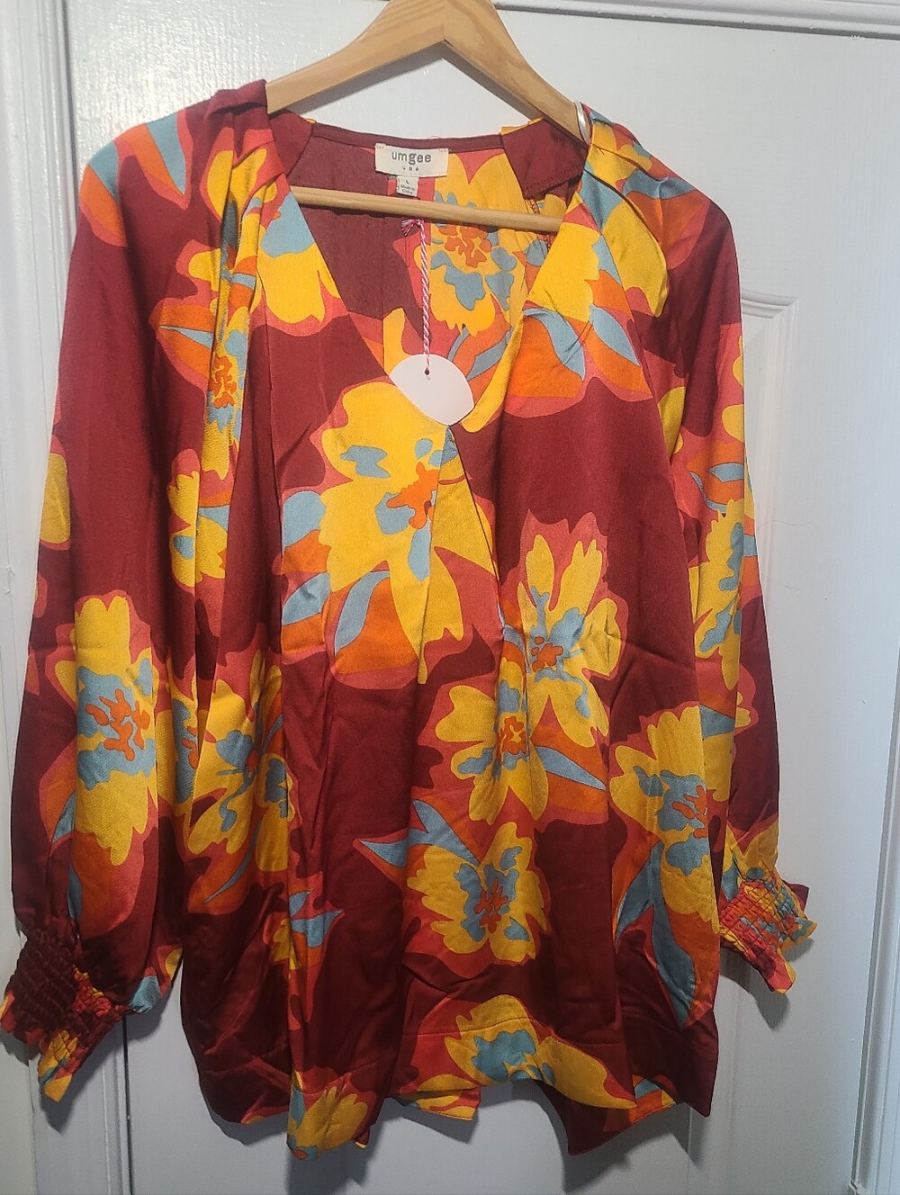 Umgee Floral V-Neck Long Sleeve Top in Burgundy & Yellow | Large